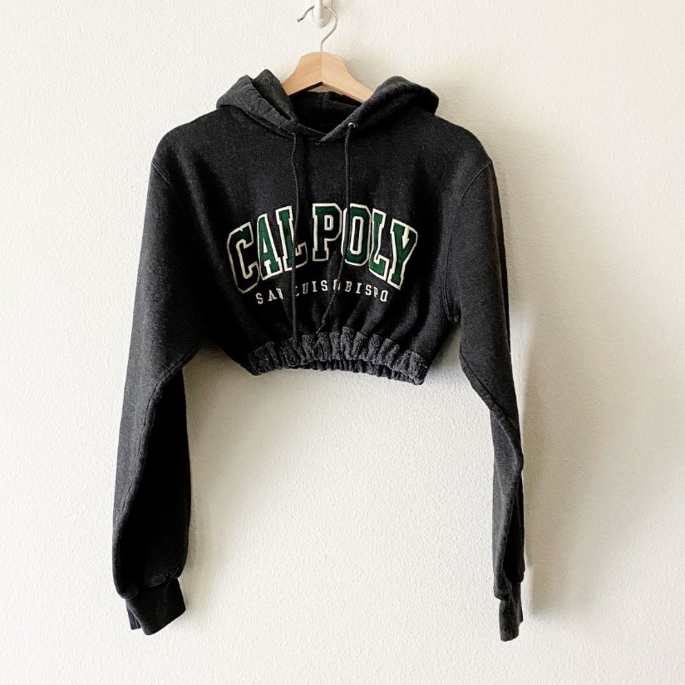 Cal Poly Cropped Hoodie - Black with Green Lettering